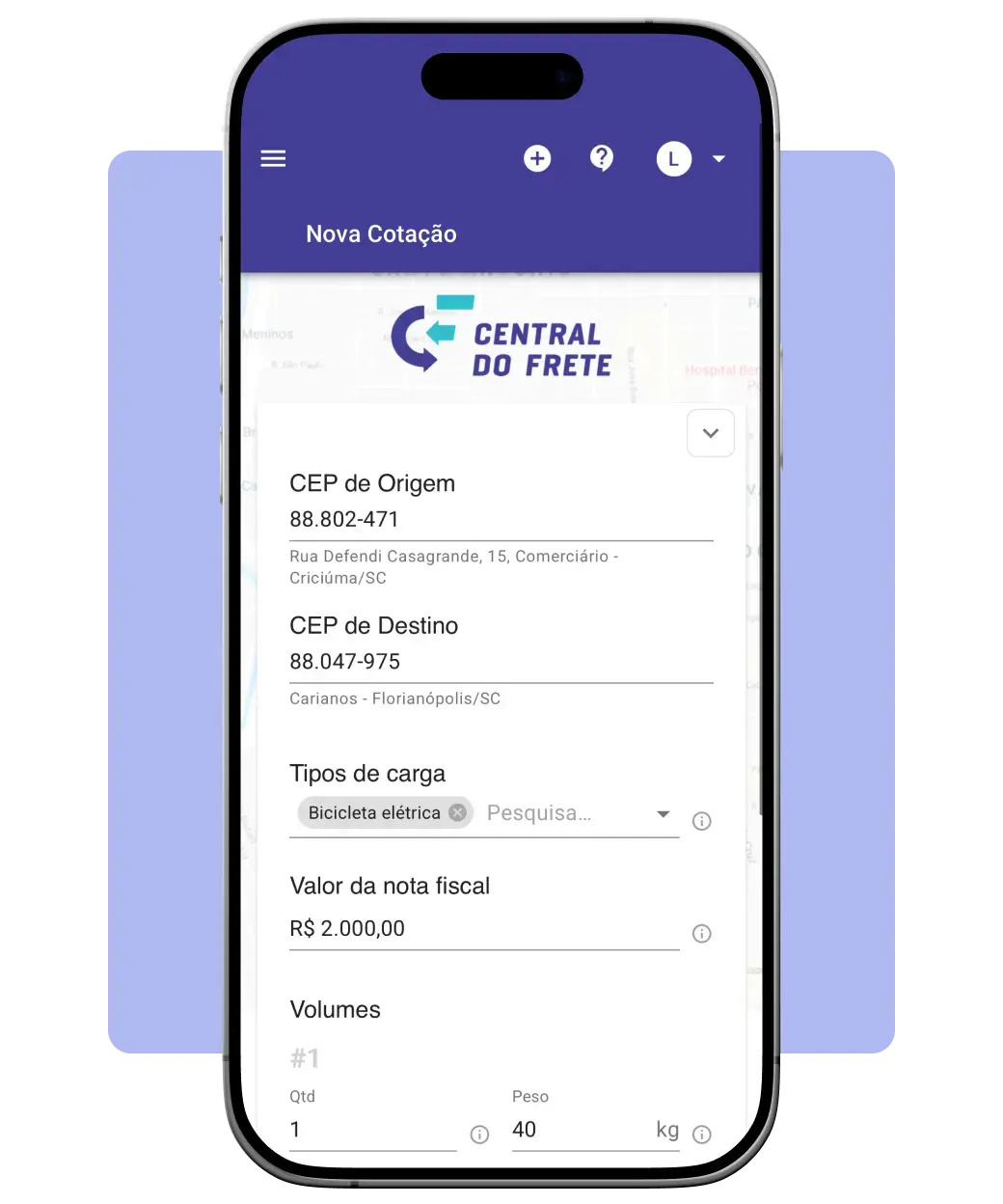Imagem da plataforma Central do Frete