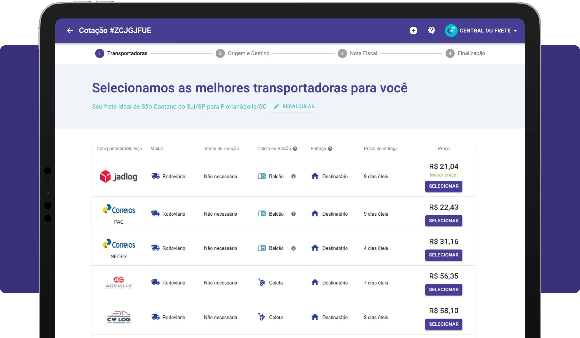 Imagem da plaforma Central do Frete